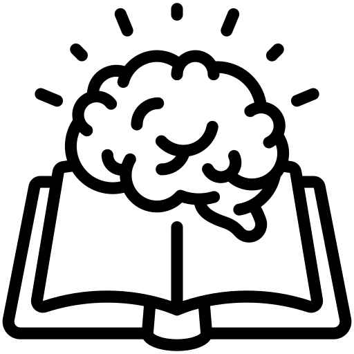Icon with a brain above an open book