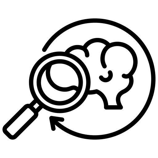 Icon of a brain being examined with a lens